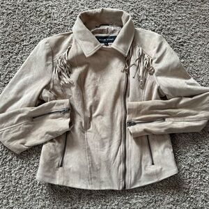 Black rivet tan fringe western wear blogger jacket women faux suede Size Med EUC